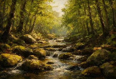 Mossy Forest Stream in warm summer light Oil Painting