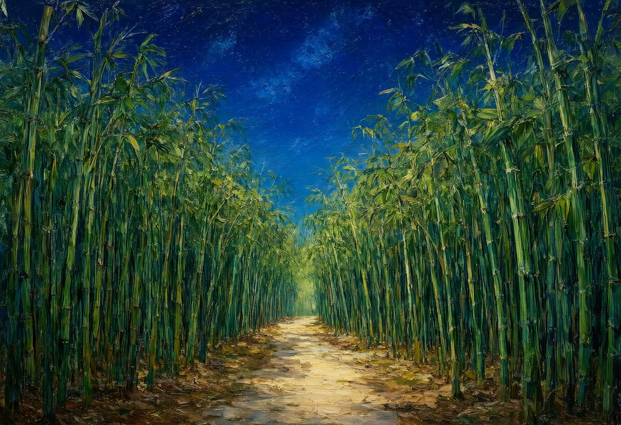 Bamboo Grove Path under a starry sky Oil Painting
