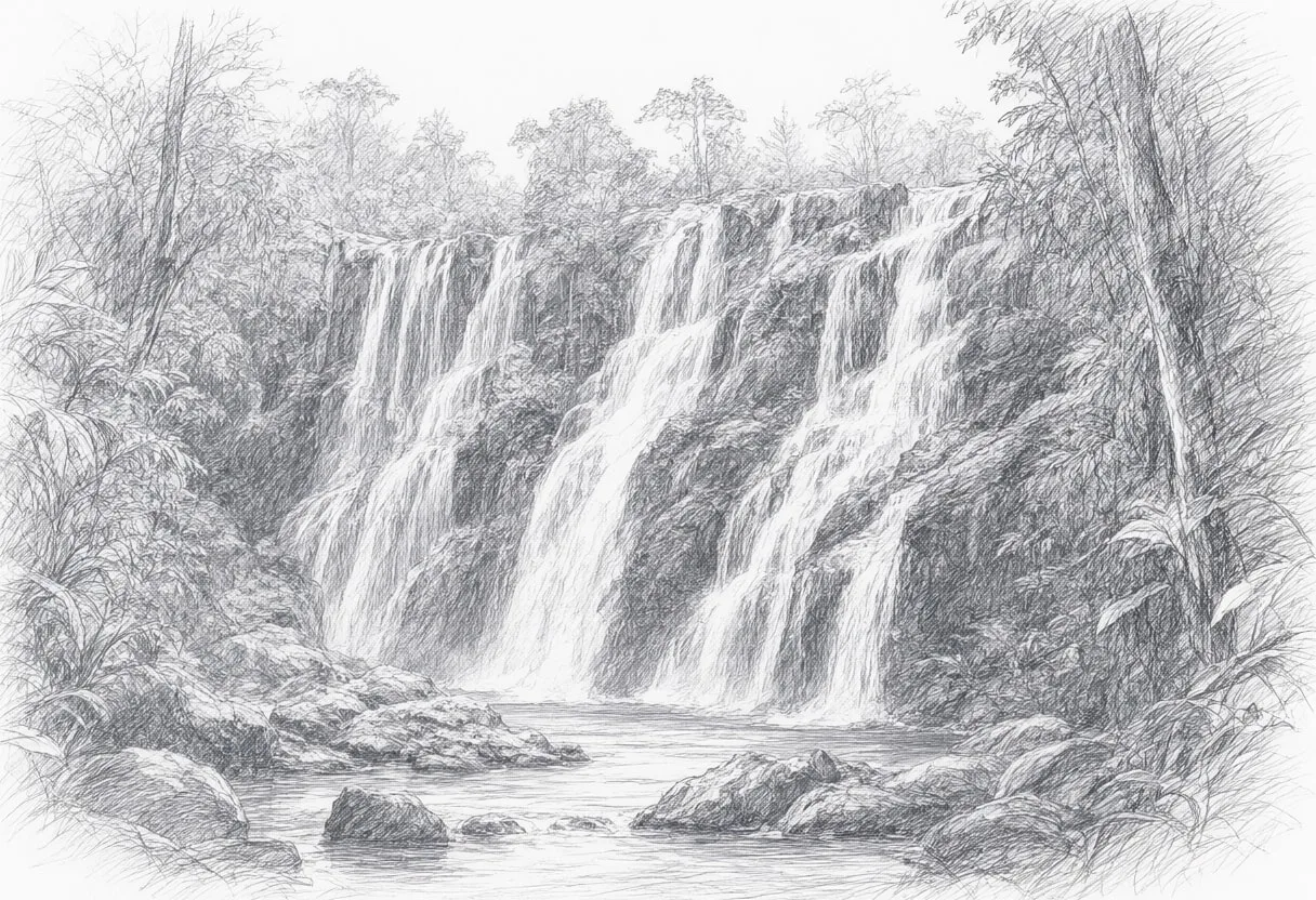 Rainforest Waterfall Pencil Sketch