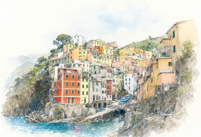หมู่บ้าน Cinque Terre ในวันที่เงียบสงบสีน้ำ