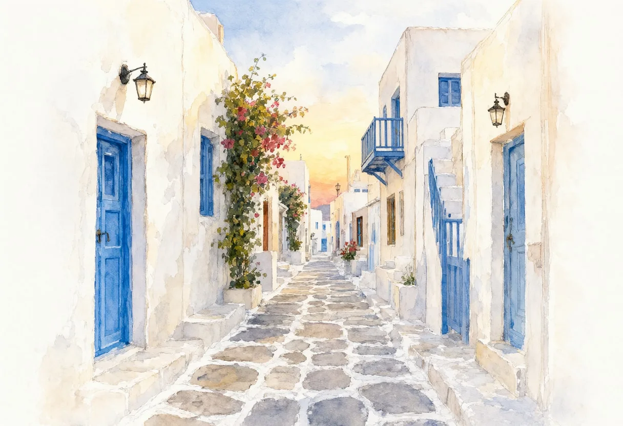 Mykonos White Alley ในแสงสีน้ำยามเย็นอันอบอุ่น
