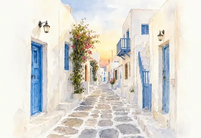 Mykonos White Alley in warm evening light Watercolour