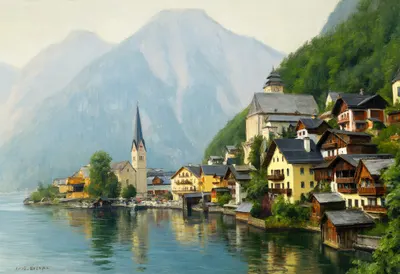 Hallstatt Lakeside in soft mist Oil Painting