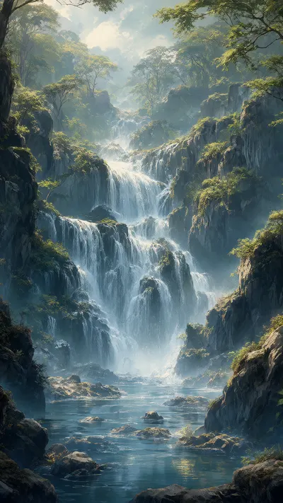 Fantasy Waterfall Valley in a deep palette