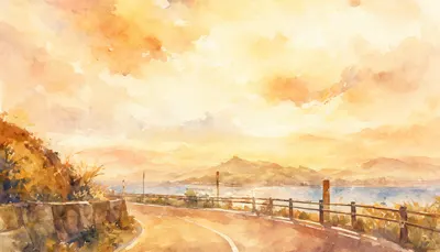 Anime Coastal Road in a warm palette