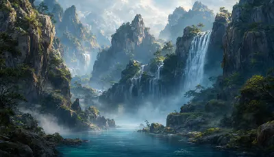 Fantasy Waterfall Valley in a deep palette