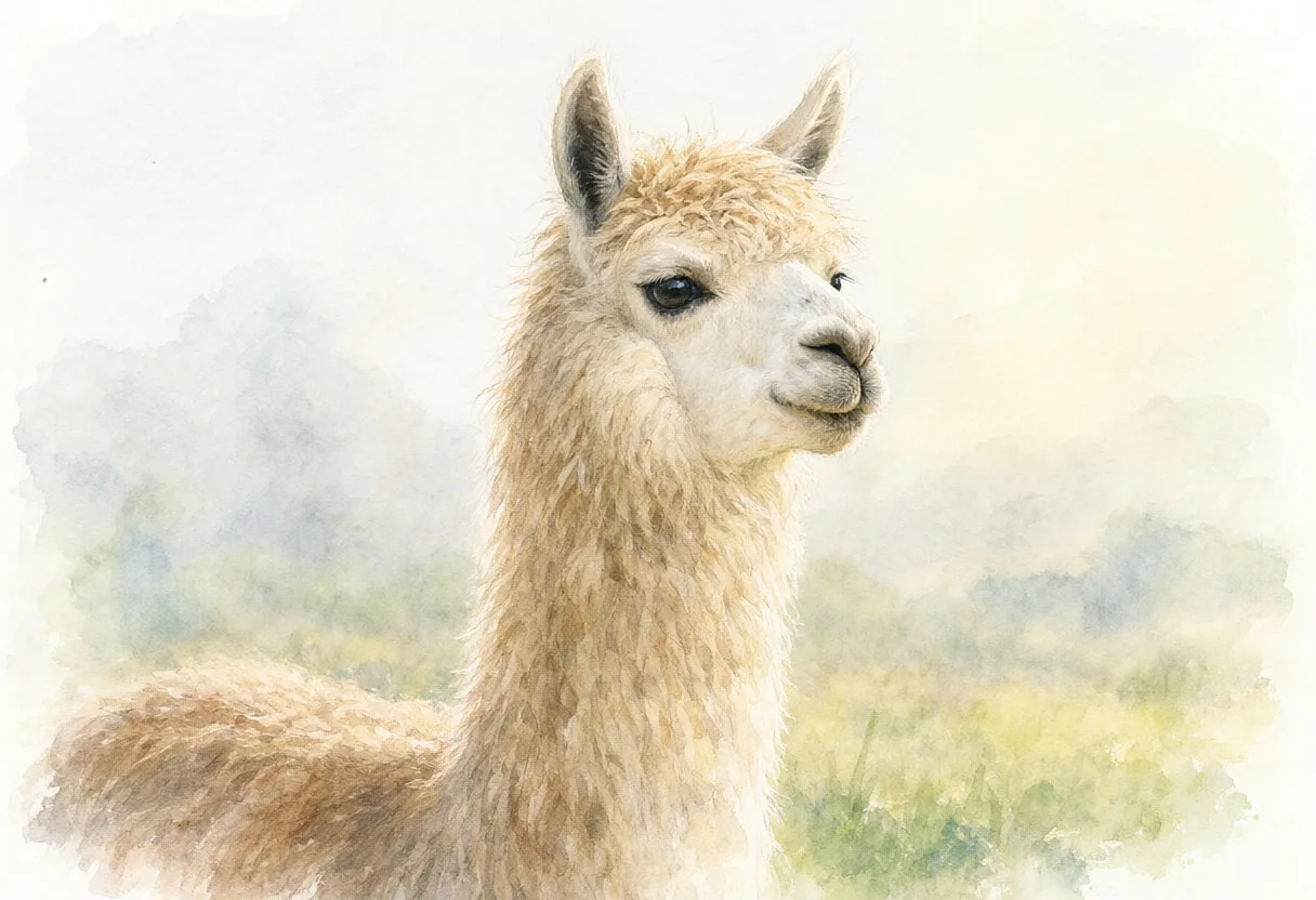 Alpaca in soft morning light Watercolour