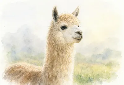 Alpaca in soft morning light Watercolour