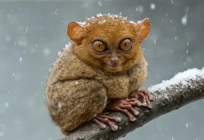 Tarsier in falling snow