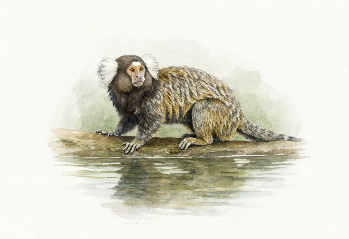 มาร์โมเซตข้างๆ น้ำนิ่งสีน้ำ