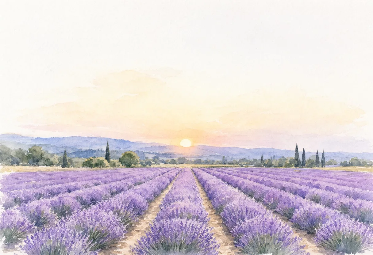 Lavender Rows At Sunset Watercolour