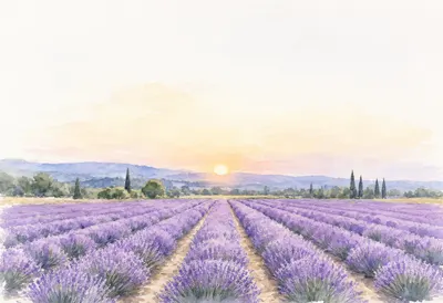 Lavender Rows At Sunset Watercolour