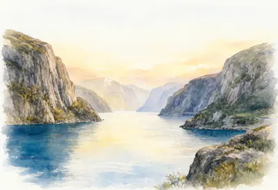 Fjord With Steep Walls at golden hour Watercolour