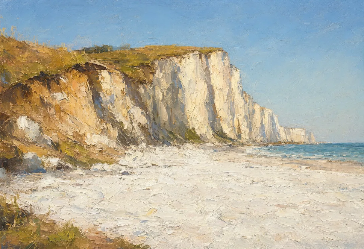 หน้าผาชอล์กและหาดทรายขาวในภาพวาดสีน้ำมันแสงฤดูร้อนอันอบอุ่น