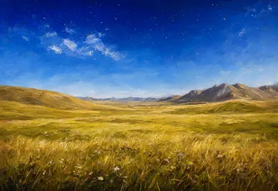 High Plateau Grassland under a starry sky Oil Painting