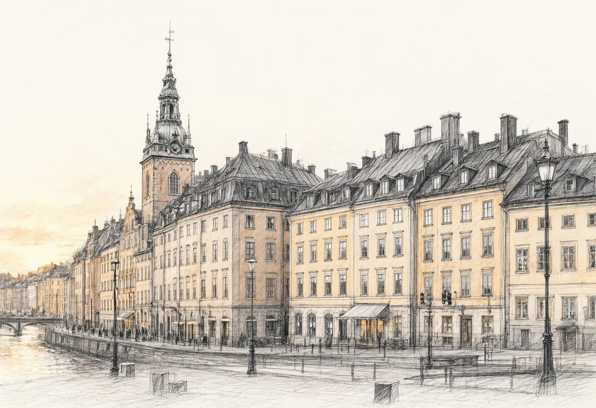 Stockholm Old Town in warm evening light Pencil Sketch