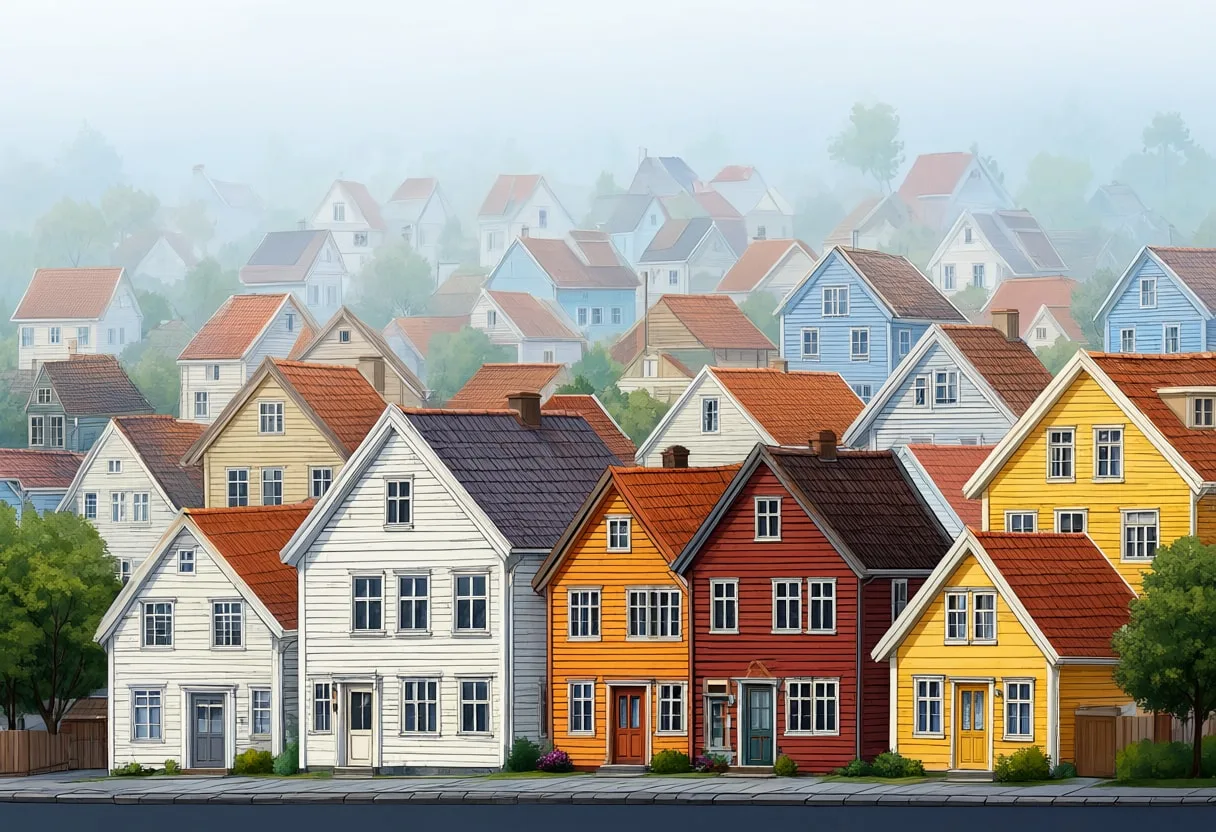 Bergen Wooden Houses in soft mist Digital Illustration