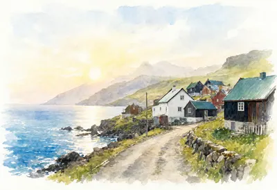 Faroe Islands Village at sunrise Watercolour