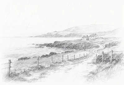 Isle Of Skye Coast in the rain Pencil Sketch