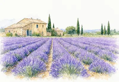 Provence Lavender Farm on a quiet day Watercolour