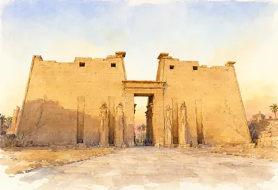Luxor Temple Gate in warm evening light Watercolour