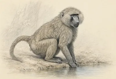 Baboon beside calm water Pencil Sketch