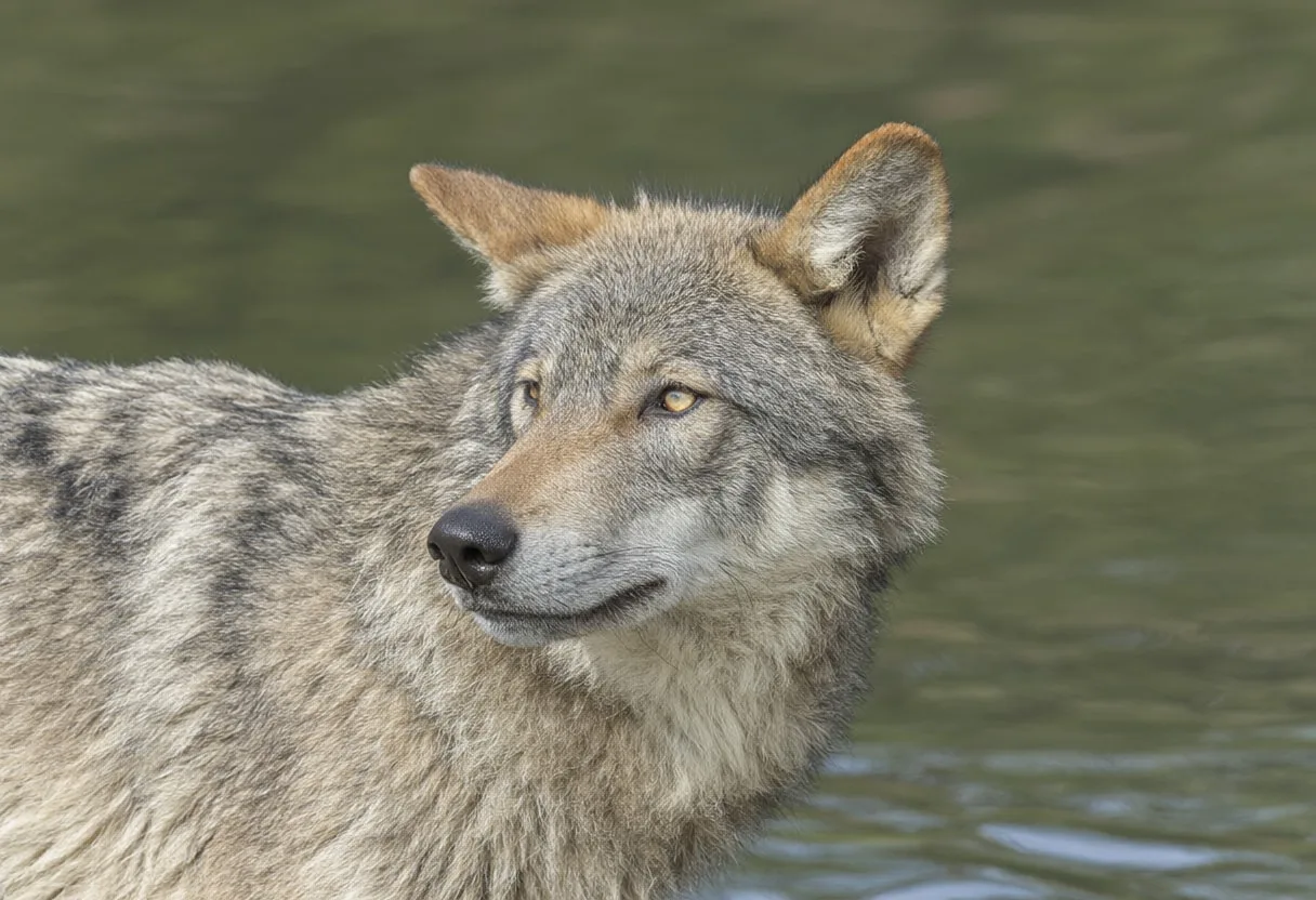 Wolf beside calm water
