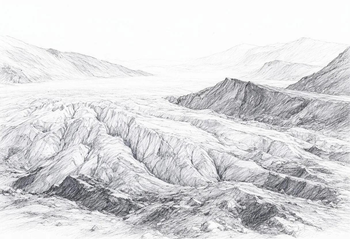 Glacier Tongue และ Moraine Pencil Sketch
