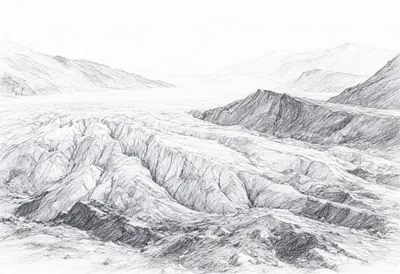 Glacier Tongue And Moraine Pencil Sketch