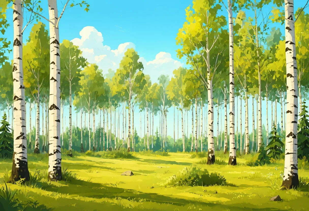 Snowy Birch Forest in warm summer light Digital Illustration