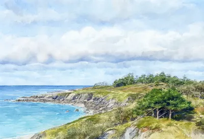 Coastal Pine Headland under a dramatic sky Watercolour