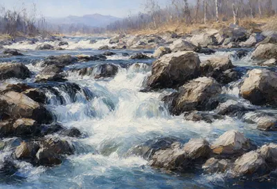 Rocky River Rapids in winter Oil Painting