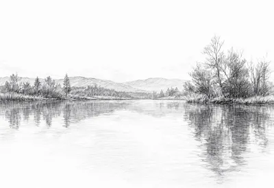 Still Lake Reflection at dawn Pencil Sketch