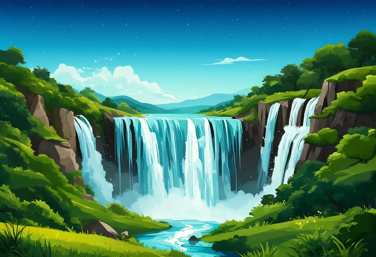 Waterfall In A Green Gorge under a starry sky Digital Illustration
