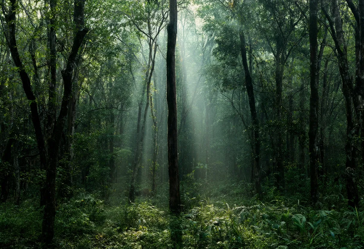 Sunbeams In Dense Forest after rain