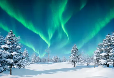 Aurora Over Snowy Trees in winter Digital Illustration