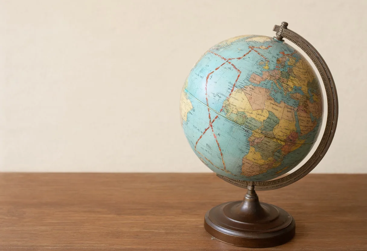 Vintage Globe With Dashed Route Lines on a warm wooden table