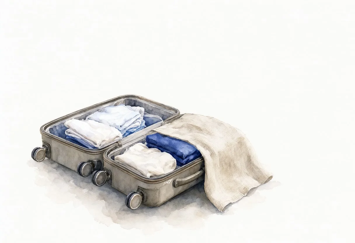 Open Suitcase With Neatly Folded Clothes on a linen cloth Watercolour
