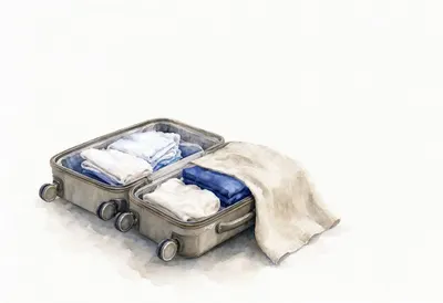 Open Suitcase With Neatly Folded Clothes on a linen cloth Watercolour