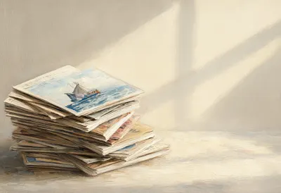Stack Of Travel Postcards On Linen in soft window light Oil Painting