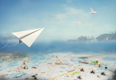Paper Plane With A Dashed Trail Over A Map styled with small travel props Digital Illustration