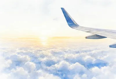 Airplane Wing Above A Sea Of Clouds at sunrise Watercolour