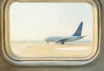 Airport Window With An Airplane Silhouette in soft window light Oil Painting