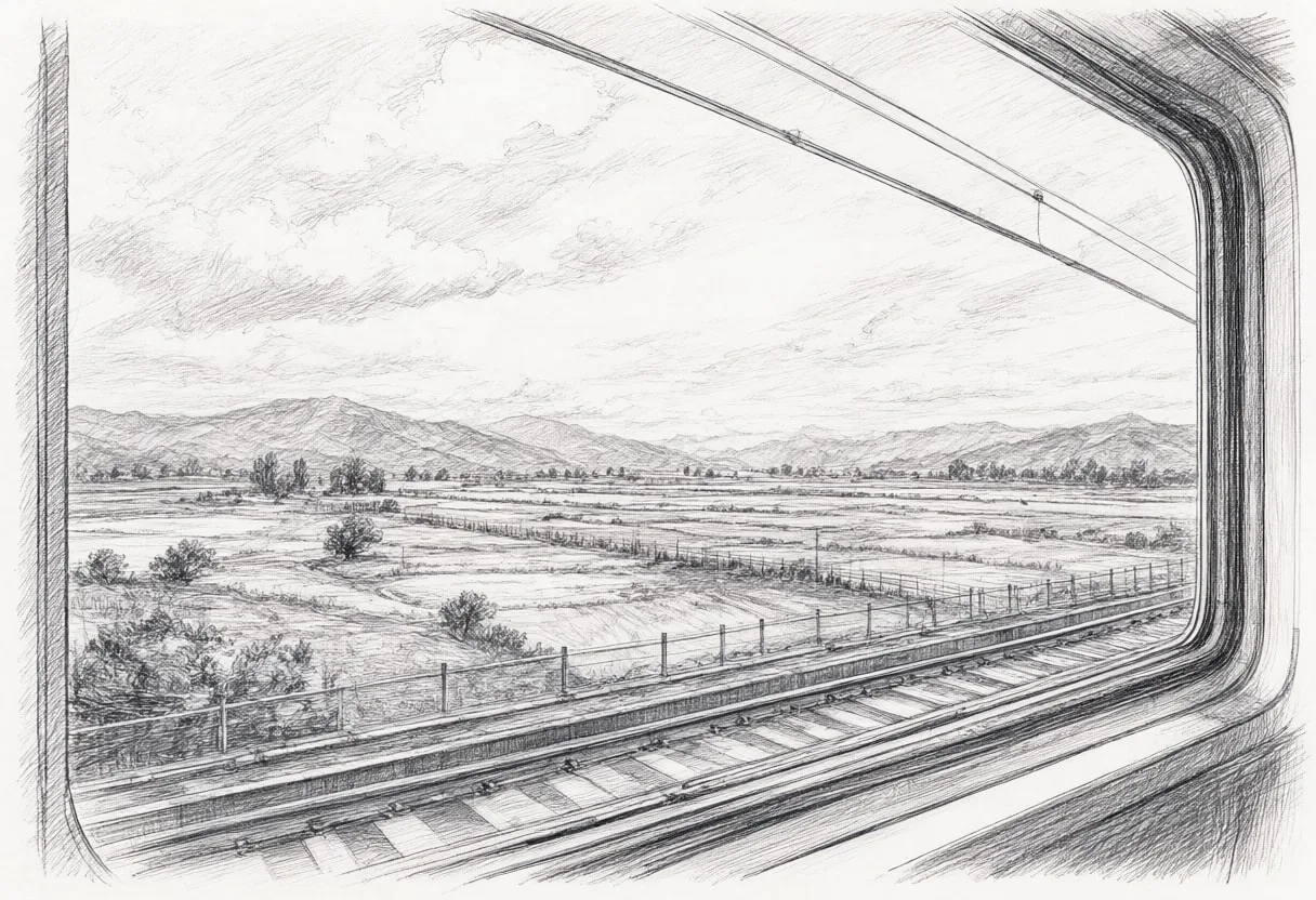 Train Window With A Landscape Passing By Pencil Sketch