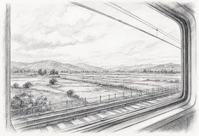 Train Window With A Landscape Passing By Pencil Sketch