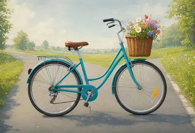 Bicycle With A Basket Of Flowers On A Country Lane from above Digital Illustration