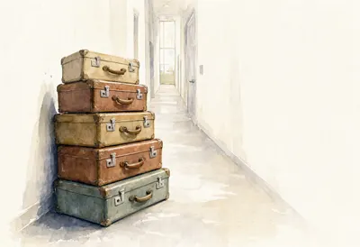 Stack Of Vintage Suitcases ใน A Bright Hallway บนผ้าลินินสีน้ำ