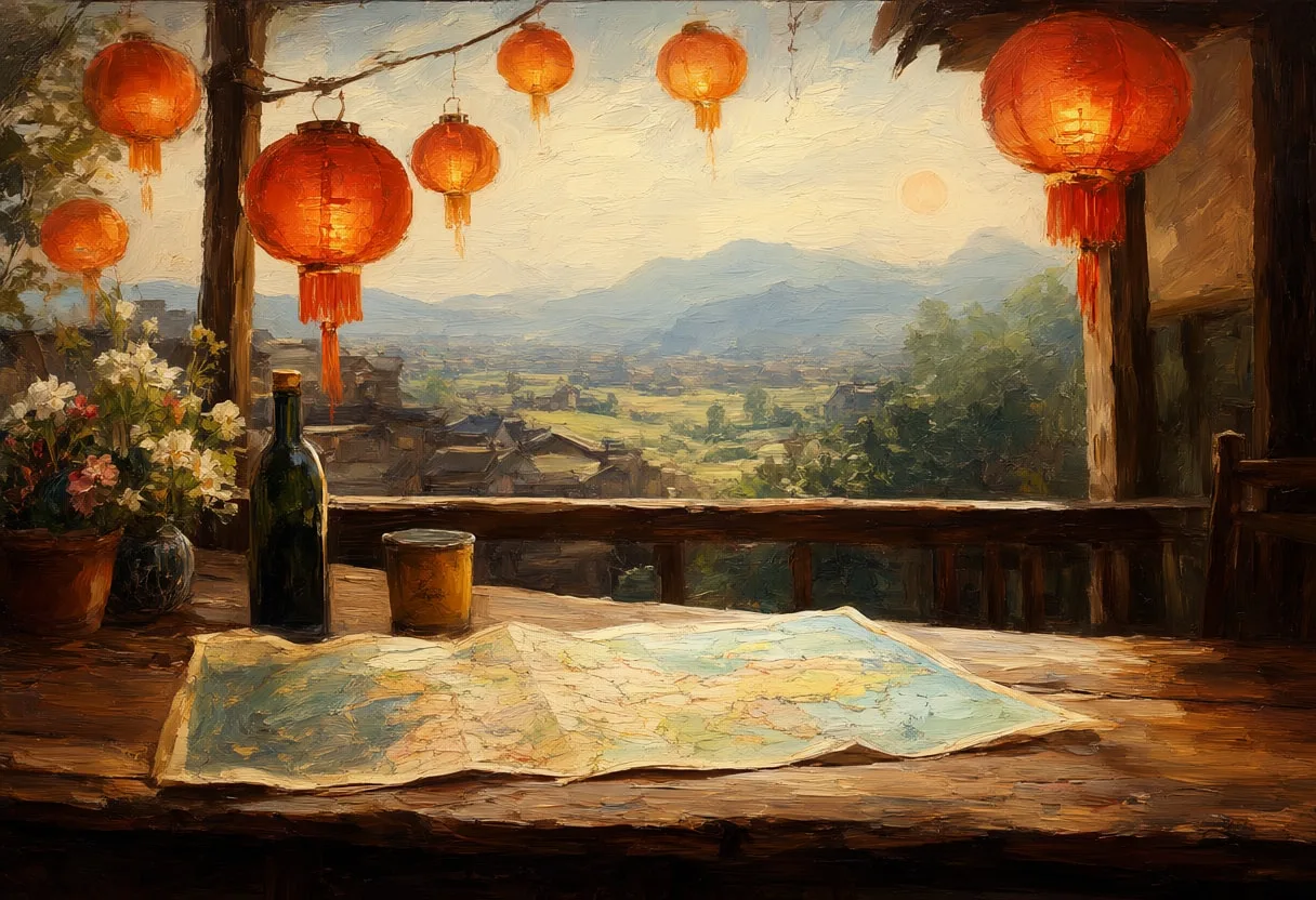 Lantern And A Map On A Wooden Table in soft window light Oil Painting