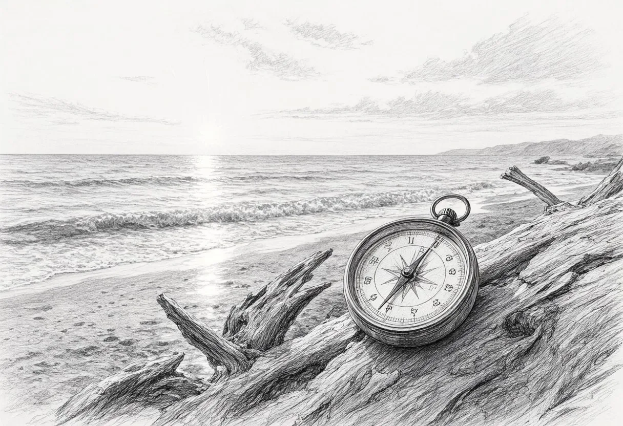 Compass On Driftwood By The Sea at sunrise Pencil Sketch