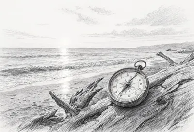 Compass On Driftwood By The Sea at sunrise Pencil Sketch